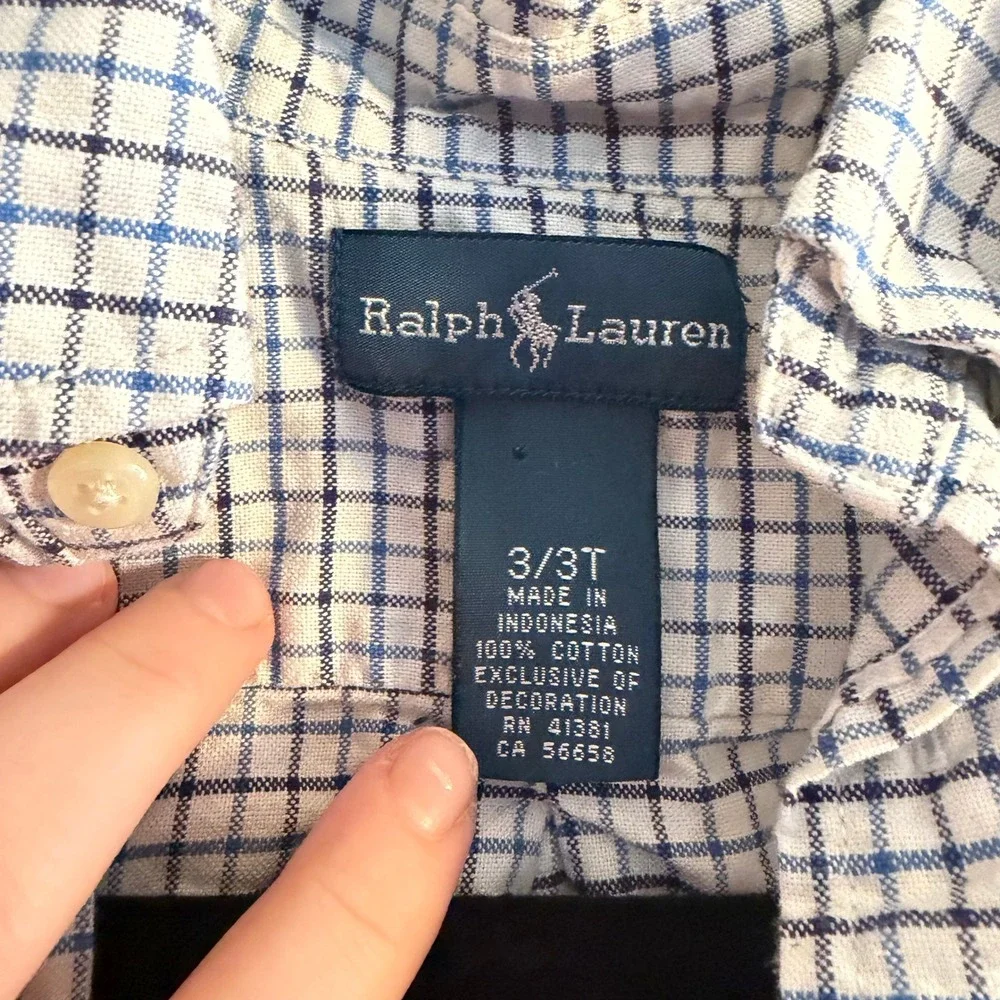 Ralph Lauren Button Down‎ Shirt White Blue 3T Check Preppy School Casual